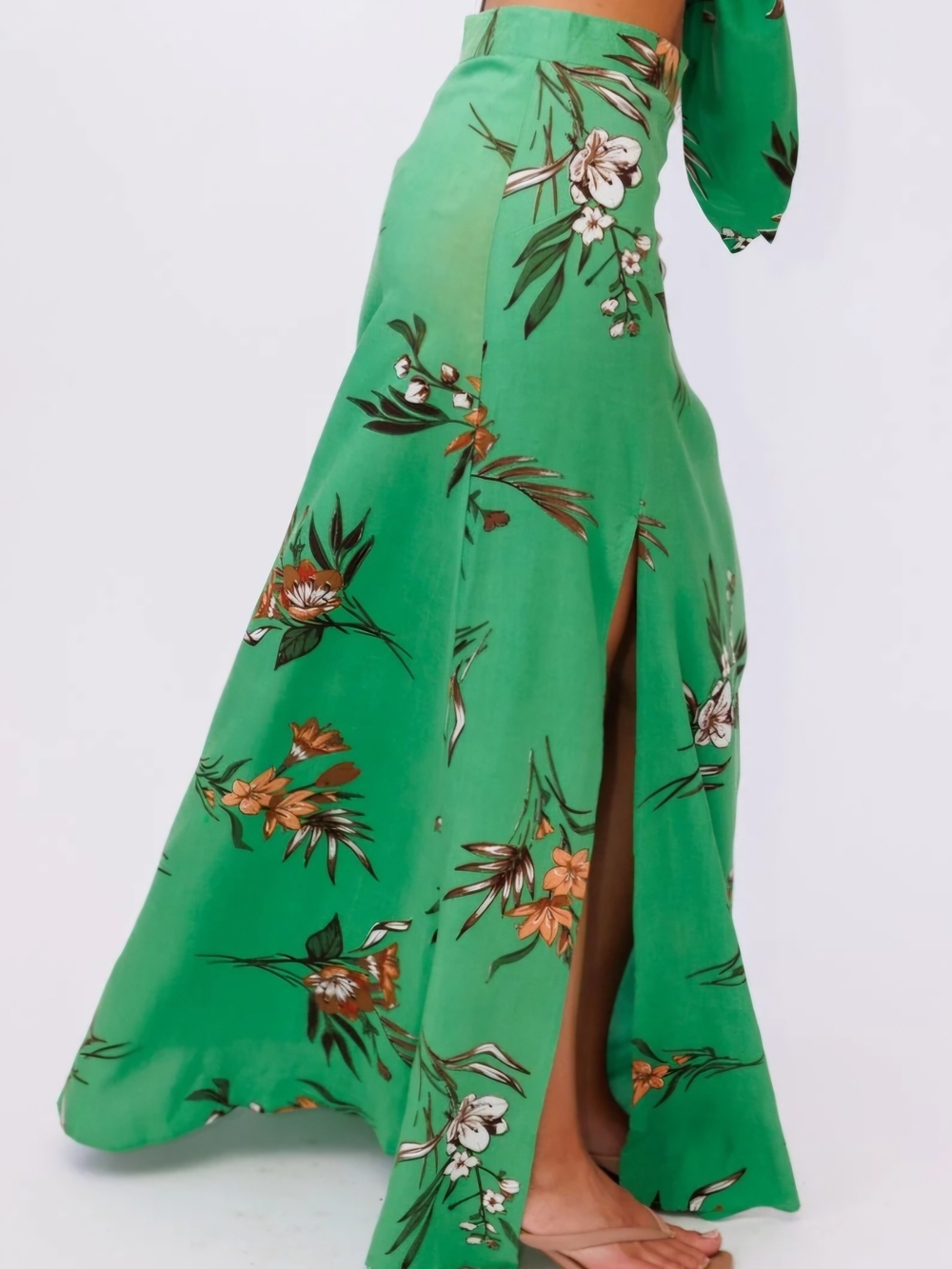 Green Floral Maxi Skirt with Side Slit